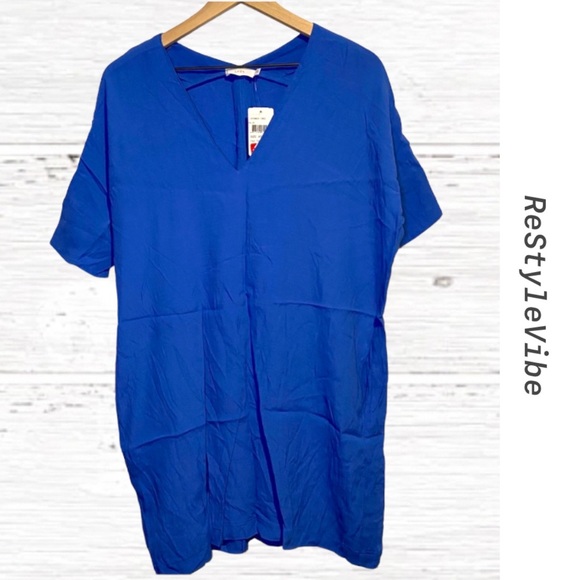 LUSH Women’s Size XS Dress Shift Pockets V Neck Oversized Style NWT Blue NEW - Picture 1 of 12